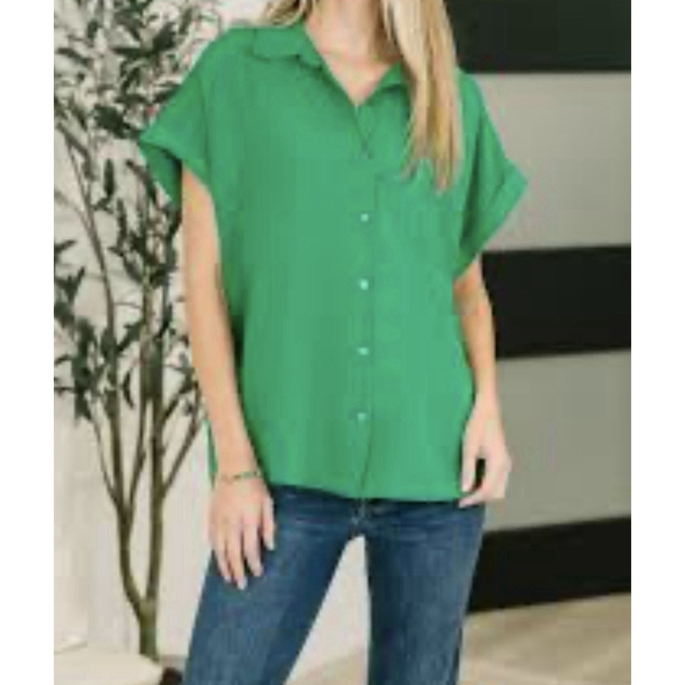 zenana Boxy Relaxed Button Up Crushed Cotton Top XL Kelly Green Cotton Beach